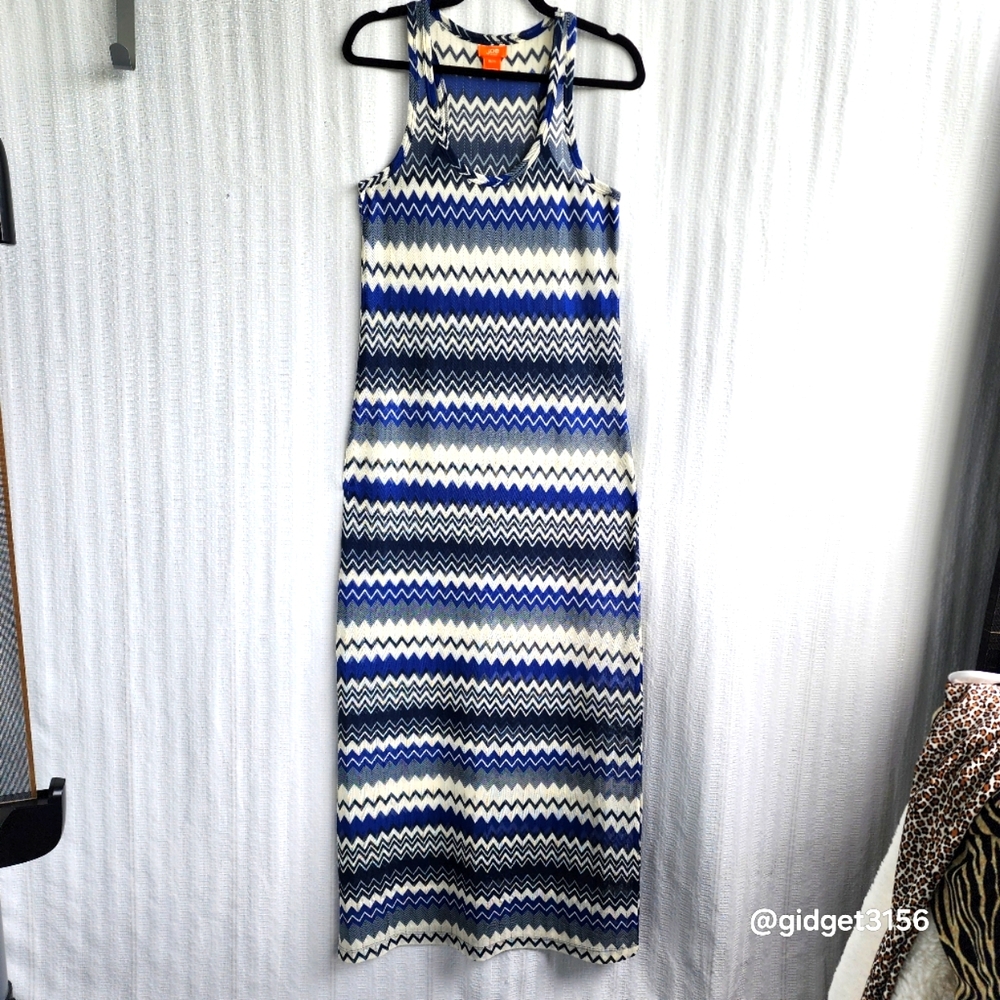🪼EUC  JOE FRESH BLUE/WHITE MAXI SLEEVELESS KNIT BEACH COVERUP - SIZE MEDIUM